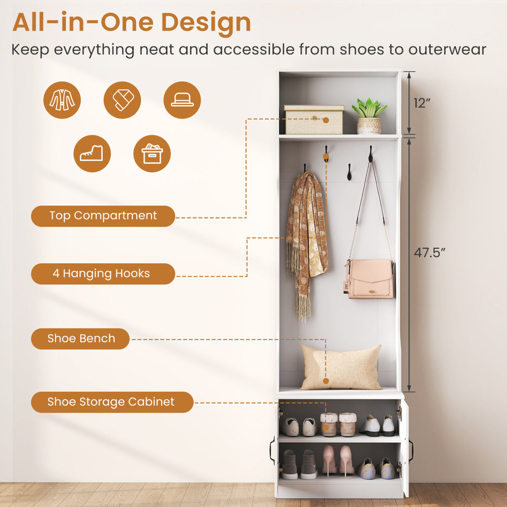 3-in-1 hall tree with bench and storage in white, featuring hooks and adjustable shelves for mudroom organization.