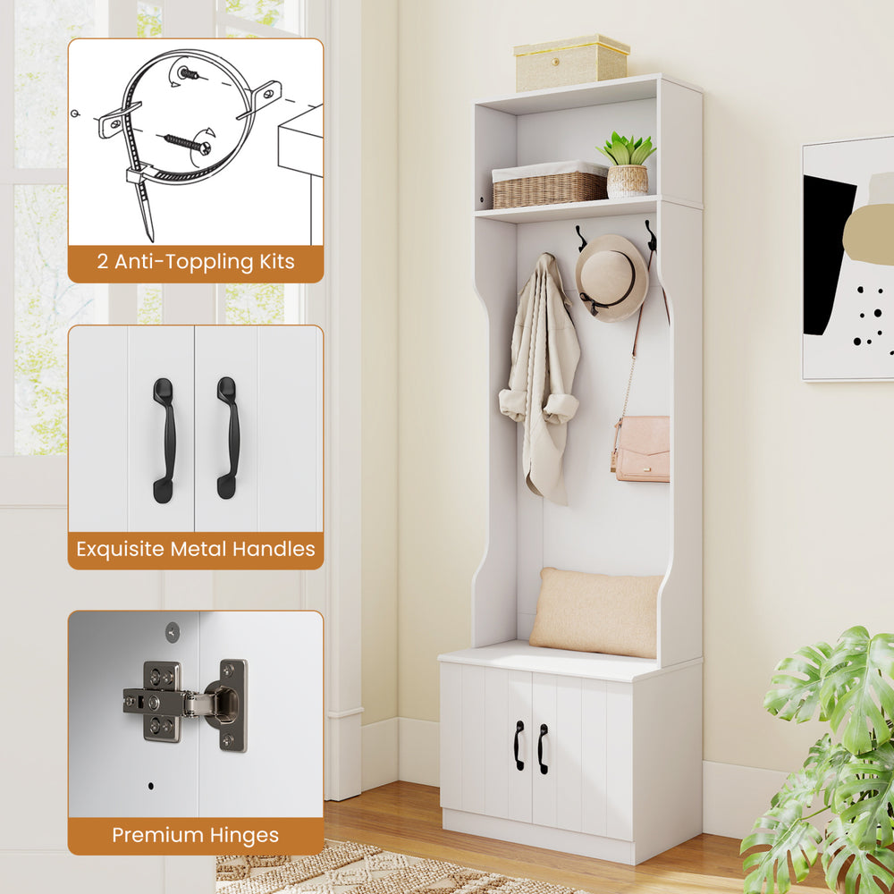 3-in-1 hall tree with bench and storage in white, featuring hooks, adjustable shelves, and soft-close hinges for.