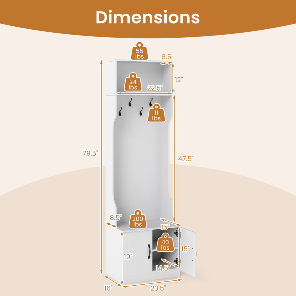Dimensions of the 3-in-1 Hall Tree with Bench and Storage, featuring adjustable shelves and multiple hooks for.