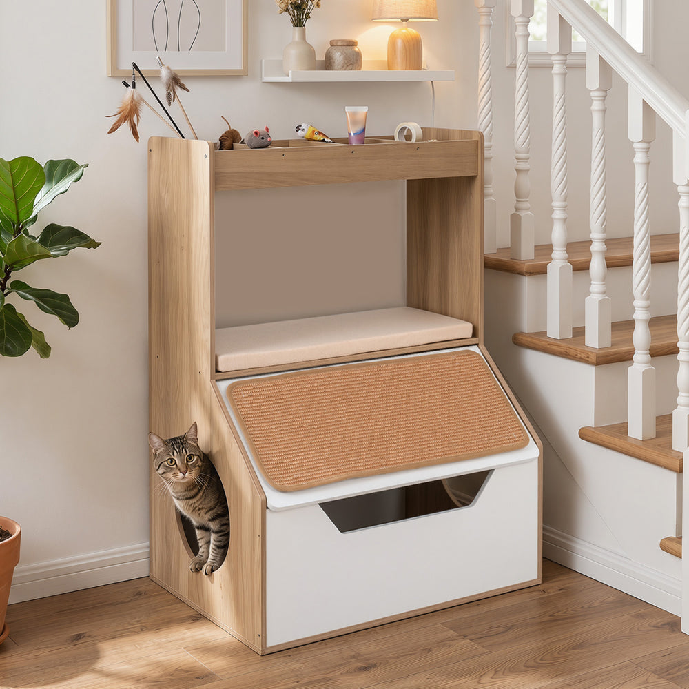 3-in-1 hidden cat house cabinet with removable cushion and scratching pad, perfect for organizing pet supplies and litter.