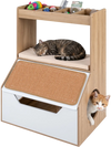 Natural wood cat house cabinet with side entry holes, soft removable cushion, and scratching pad for pet comfort.