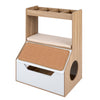 Stylish cat house cabinet in natural wood features a lift-up top panel for easy access to the hidden litter box and supplies.
