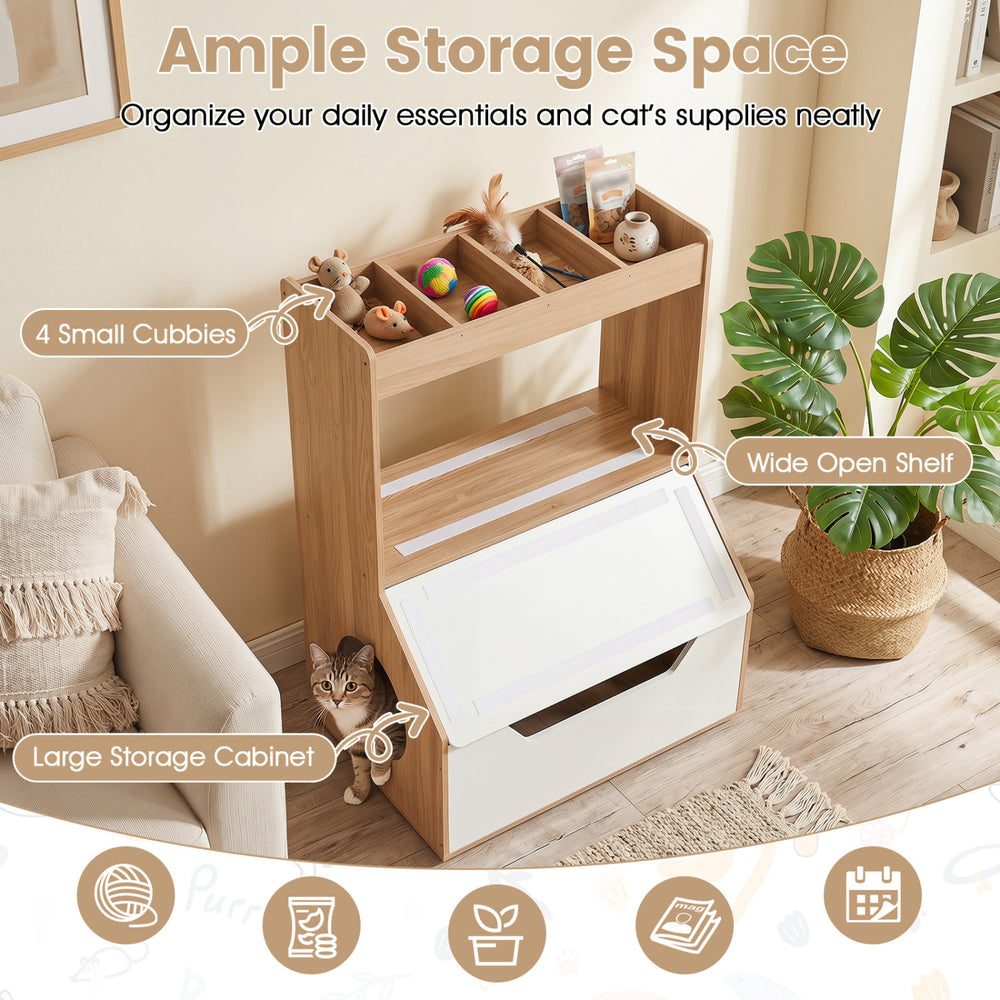 3-in-1 hidden cat house cabinet in natural wood with 4 cubbies, large storage, and a removable cushion for pet comfort.