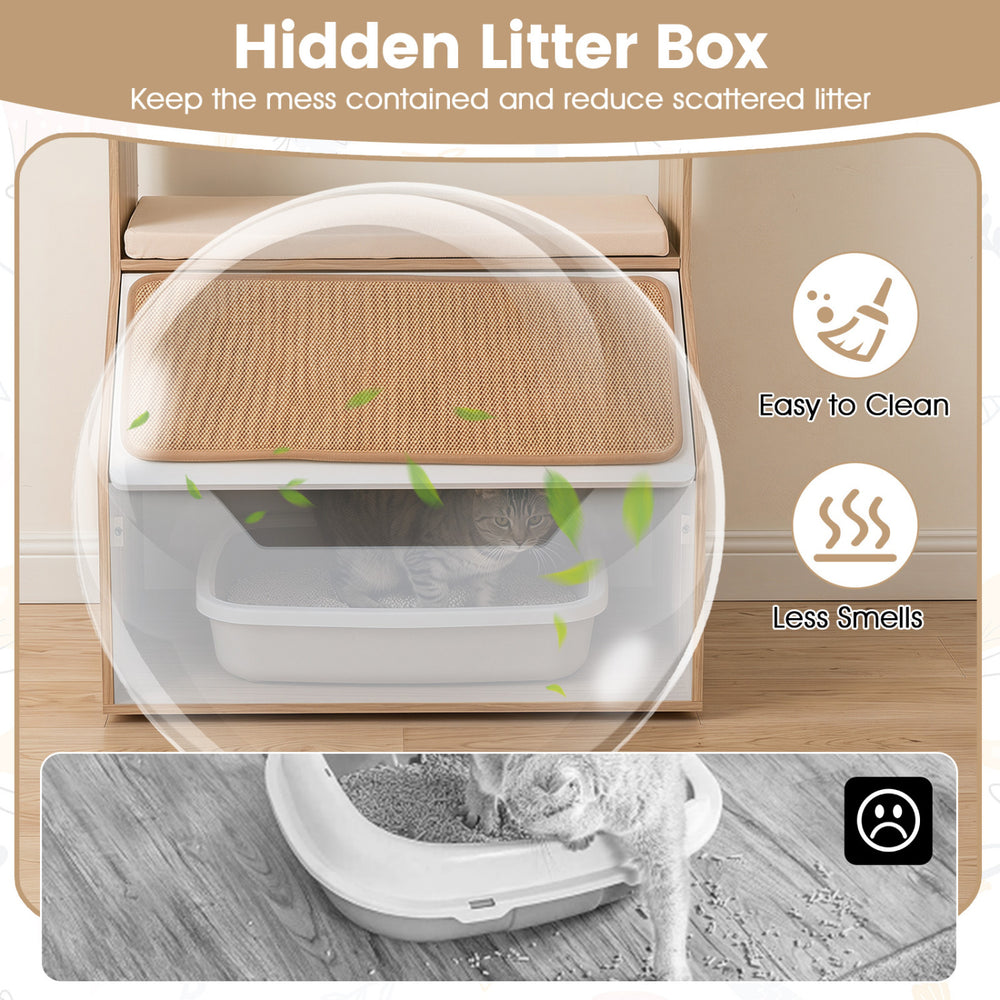 Hidden litter box cabinet features a removable cushion, scratching pad, and four cubbies for organized pet supplies.