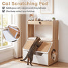 3-in-1 hidden cat house cabinet with scratching pad, removable cushion, and cubbies for organized pet supplies and comfort.