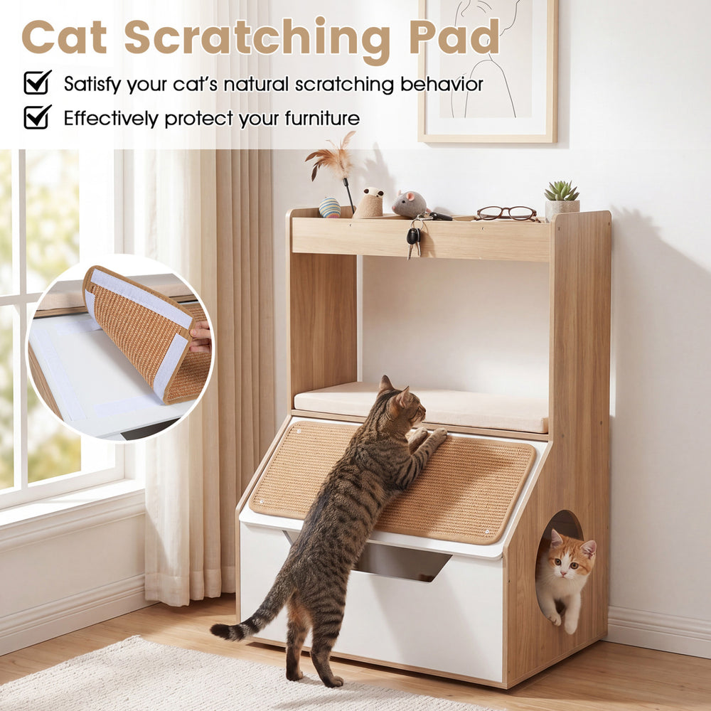 3-in-1 hidden cat house cabinet with scratching pad, removable cushion, and cubbies for organized pet supplies and comfort.