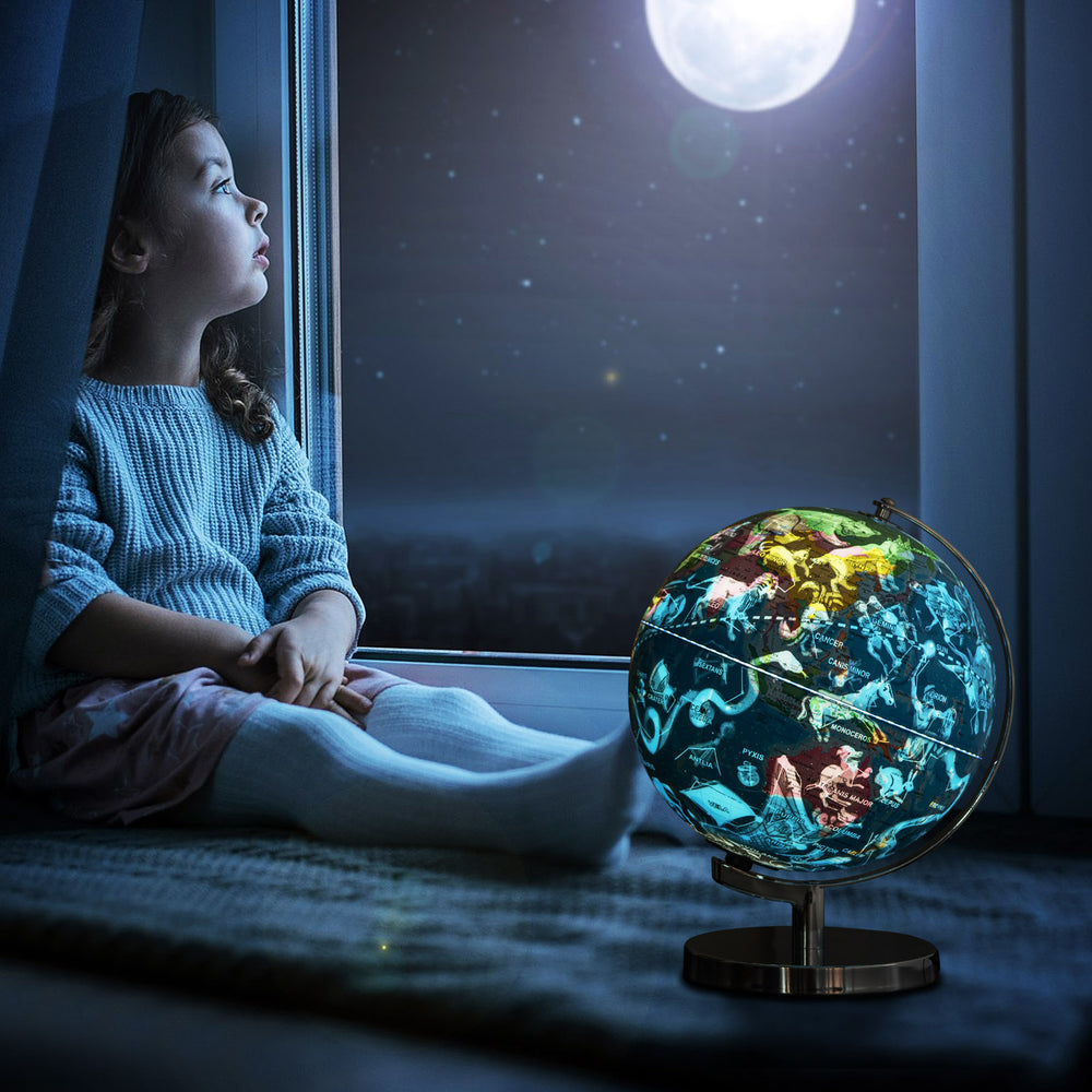 Illuminated world globe showcasing 88 constellations and geographical details, perfect for bedtime learning and.