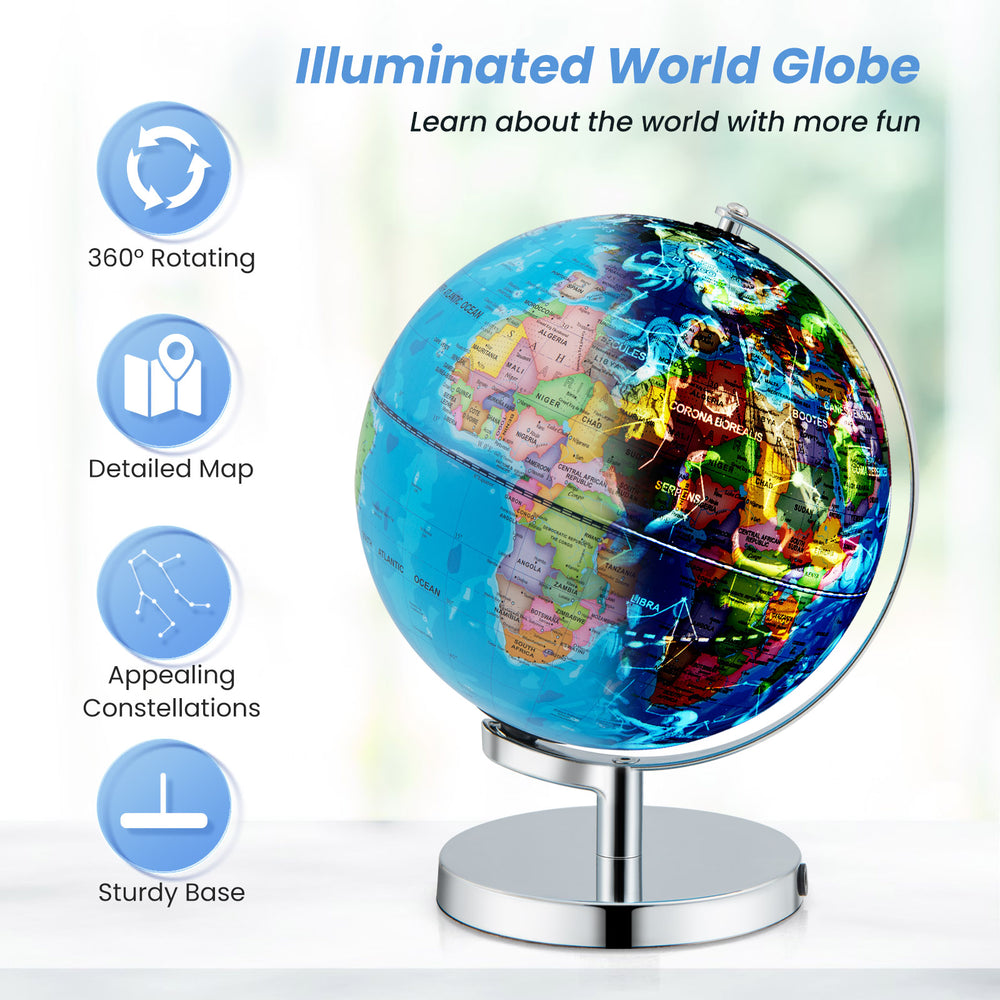Illuminated world globe with detailed map, 360° rotation, and sturdy base for educational fun and exploration.