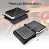 Product dimensions of the 3 in 1 Indoor Electric Panini Press Grill with LED display, showcasing its sleek design and.