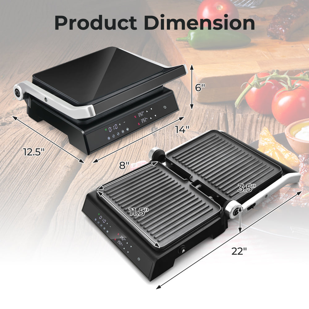 Product dimensions of the 3 in 1 Indoor Electric Panini Press Grill with LED display, showcasing its sleek design and.