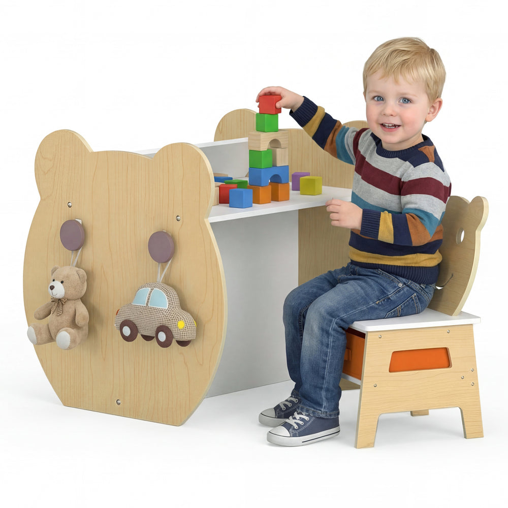 Kids art table and chair set in playful bear design, featuring storage and reversible whiteboard for ages 3-10 years.