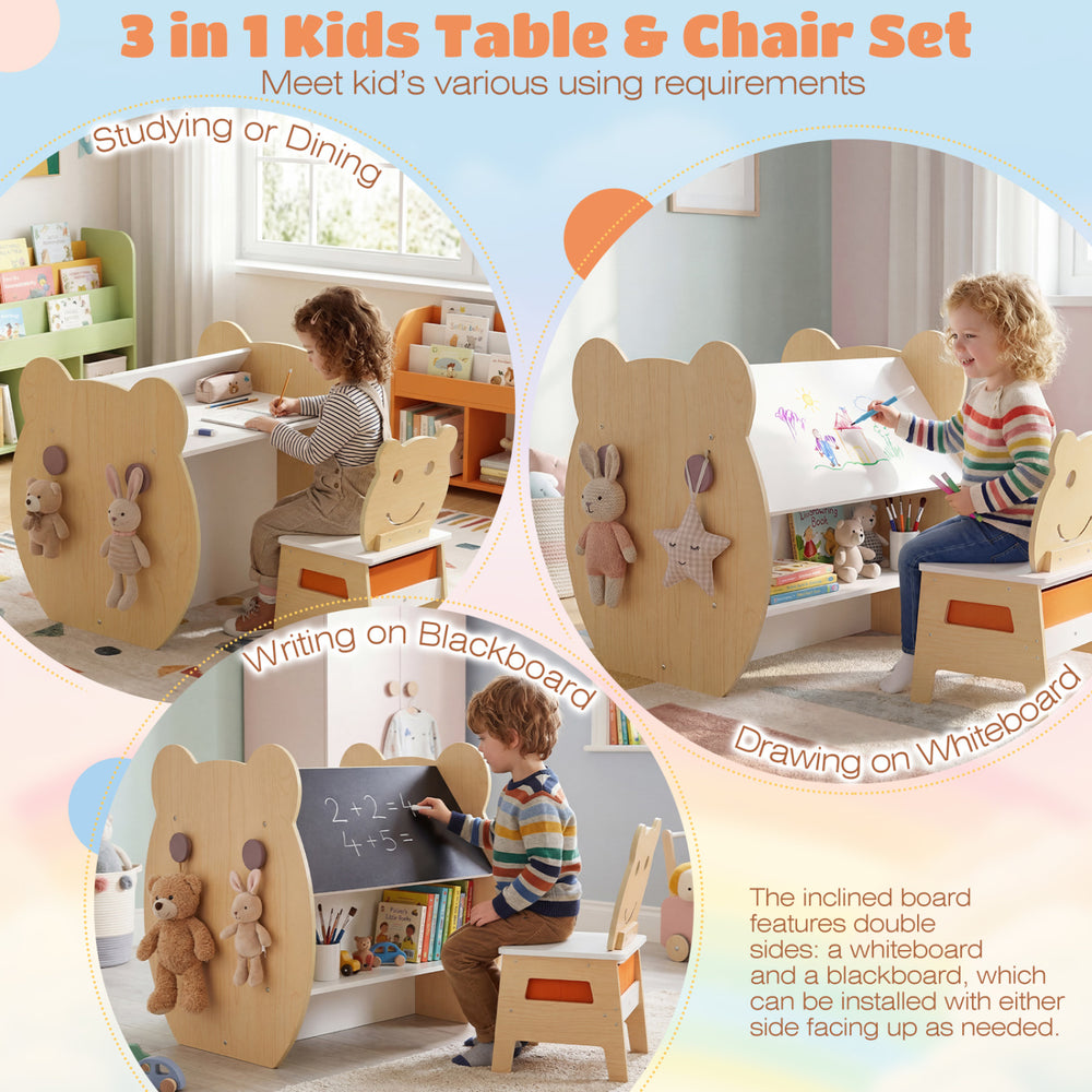 3-in-1 kids art table and chair in playful bear design, featuring reversible whiteboard and chalkboard for creative fun.