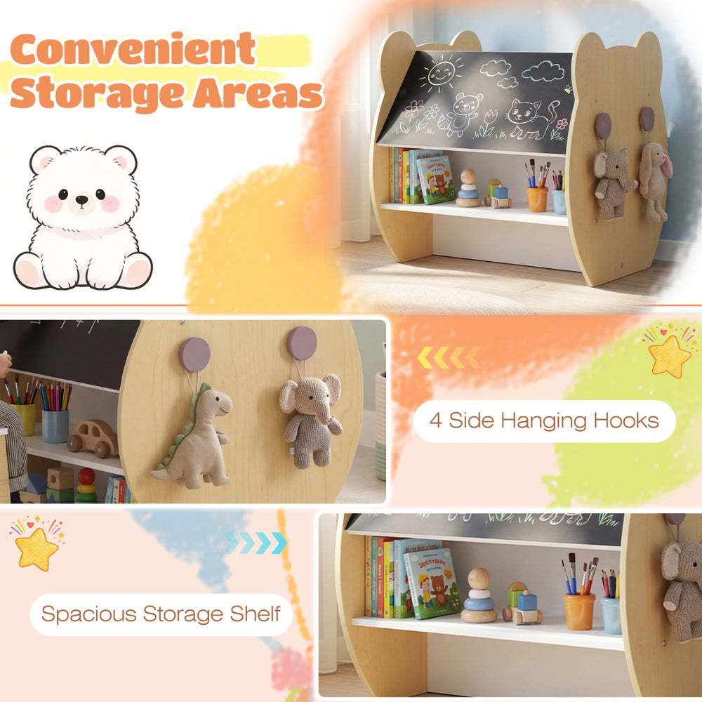 Kids art table with bear design, reversible whiteboard and chalkboard, featuring storage shelves and hanging hooks.