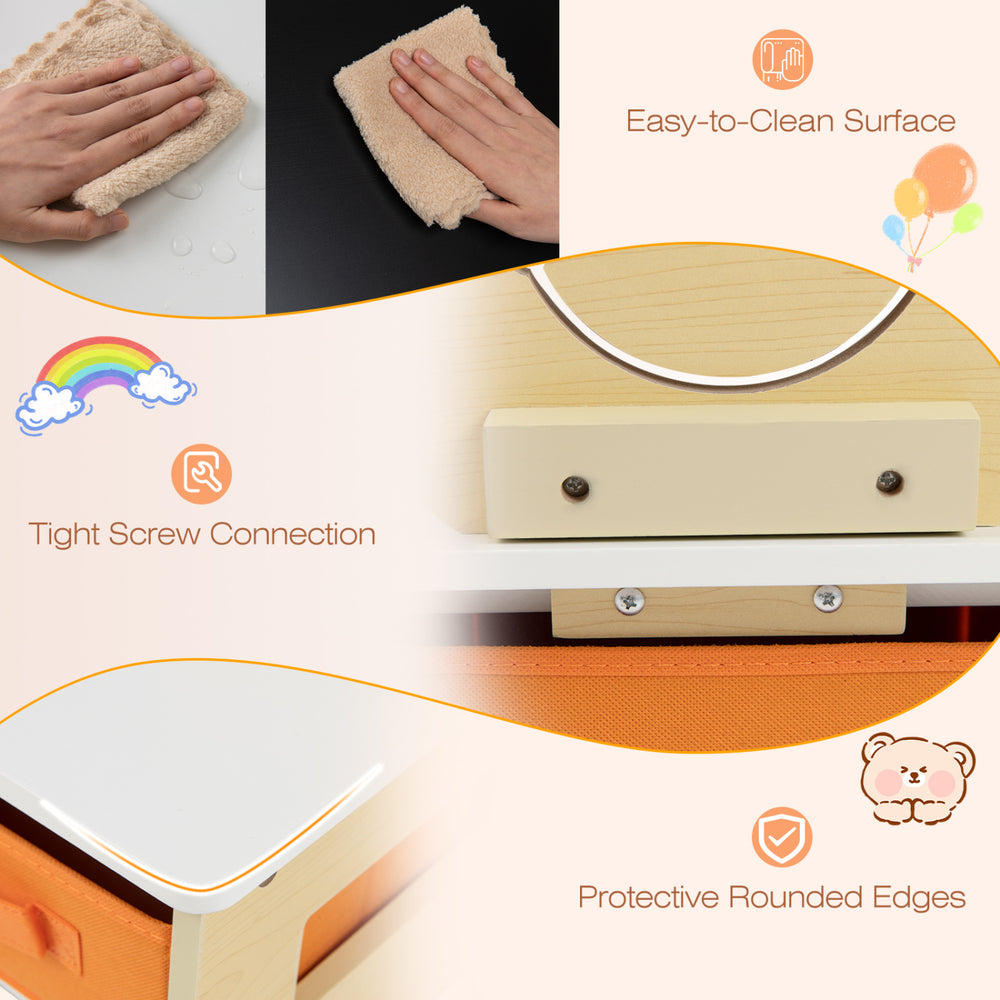 Close-up of the 3-in-1 kids art table showing easy-to-clean surface and tight screw connection for safety and.