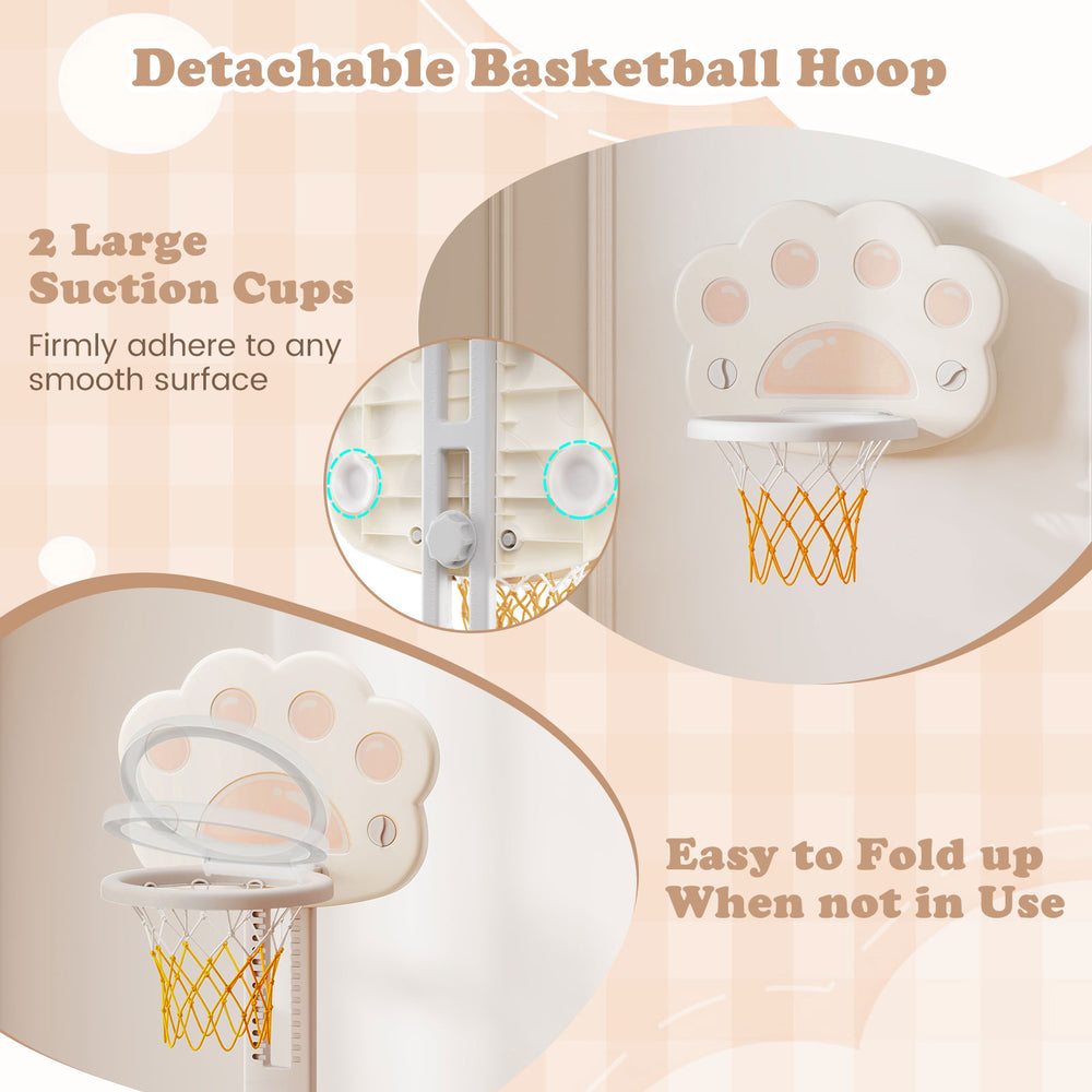 Detachable basketball hoop with foldable rim and suction cups, designed for kids' indoor and outdoor play.