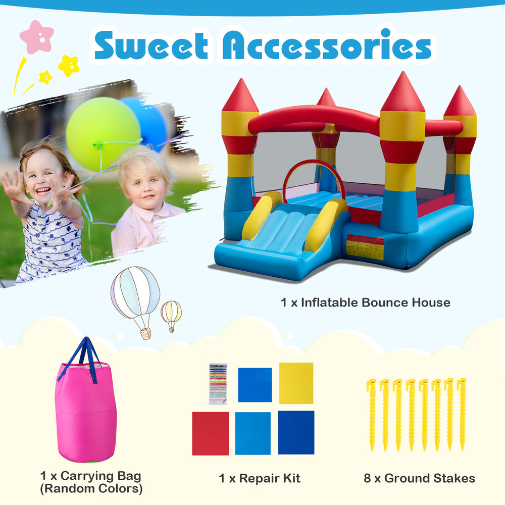 3-in-1 kids bouncer with slide, large jumping area, and basketball hoop, perfect for outdoor fun and parties.