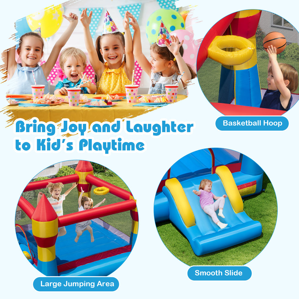 3-in-1 kids bouncer featuring a large jumping area, smooth slide, and basketball hoop for outdoor fun and parties.