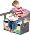Kids convertible activity bench in gray with removable fabric bins, perfect for storage and play in any children's.