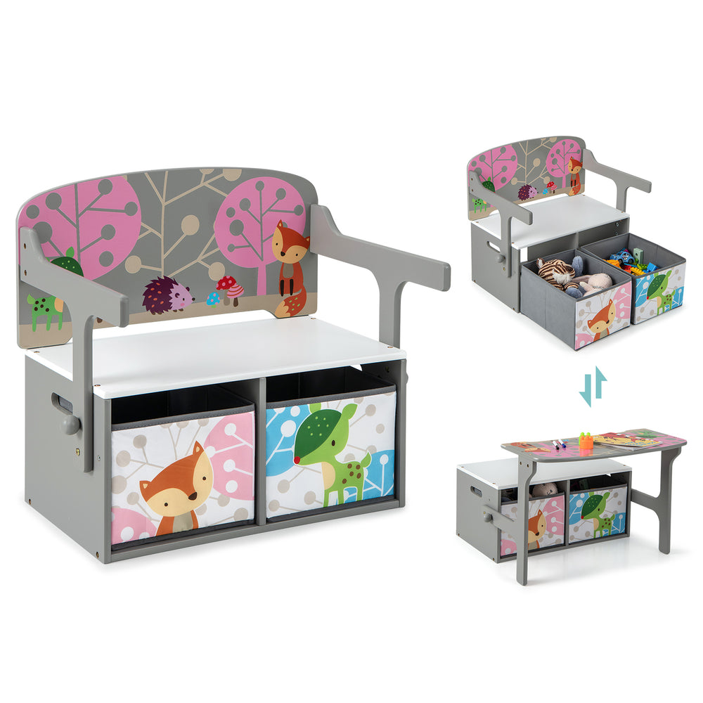 Kids convertible activity bench in gray with removable fabric bins, perfect for storage and play in any space.