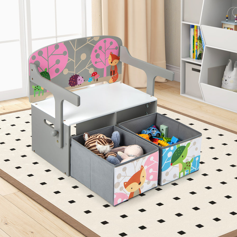 Kids convertible activity bench in gray with removable fabric bins, perfect for storage and play in any room.