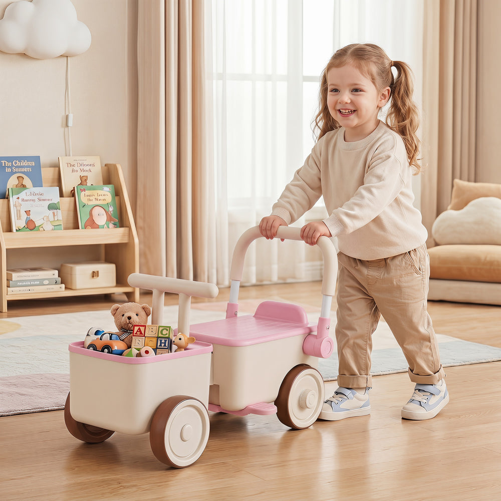 3-in-1 Kids Ride On Push Car with Rope and Storage Basket-Pink - Gallery View 1 of 11