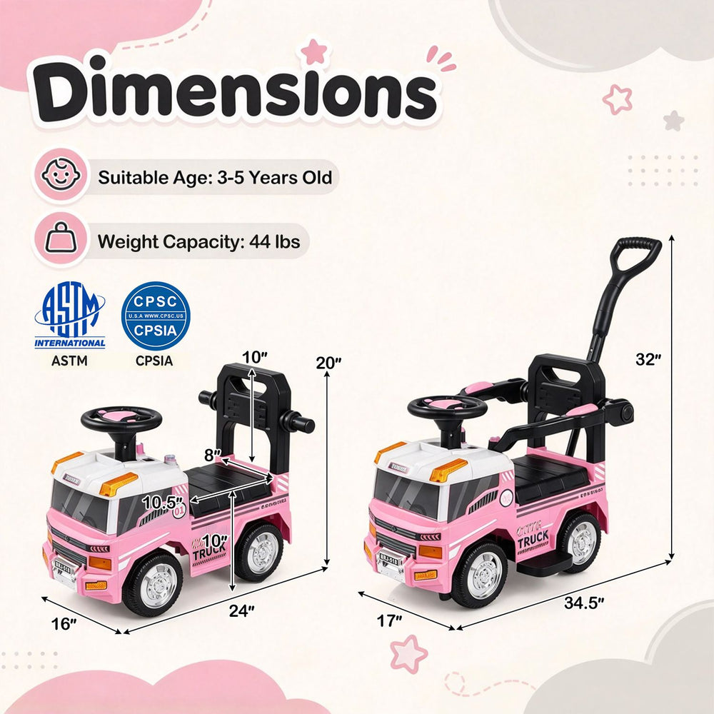 Dimensions of the pink 3-in-1 kids ride-on push car indicate suitable height and weight for safe use by toddlers aged 3 to 5.