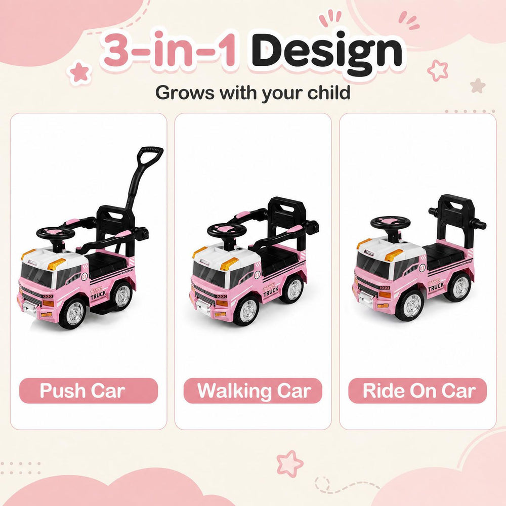 3-in-1 pink kids ride-on push car features parental control, music buttons, and removable guardrails for growing toddlers.
