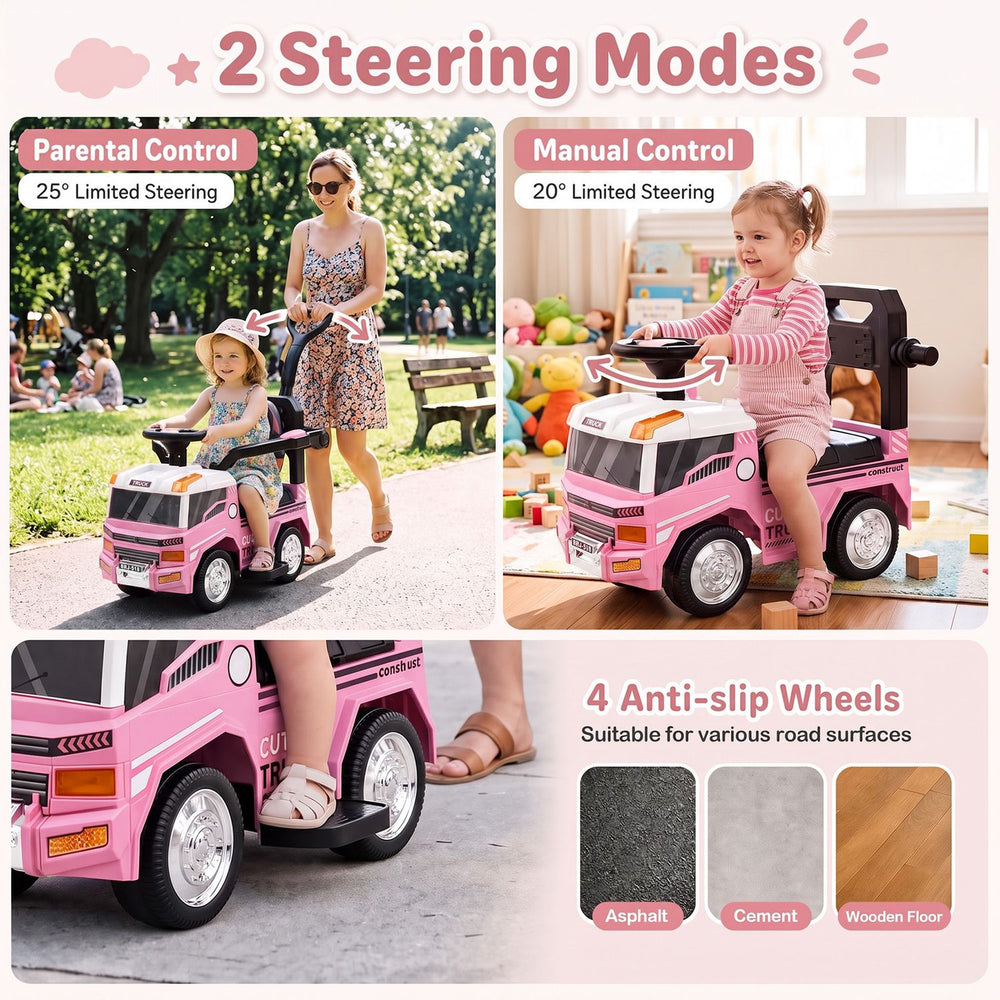 3-in-1 pink kids ride-on push car features parental and manual steering modes, anti-slip wheels, and under-seat storage.