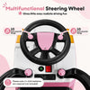 Multifunctional steering wheel of the pink 3-in-1 kids ride-on push car features 10 instrumental songs for interactive fun.