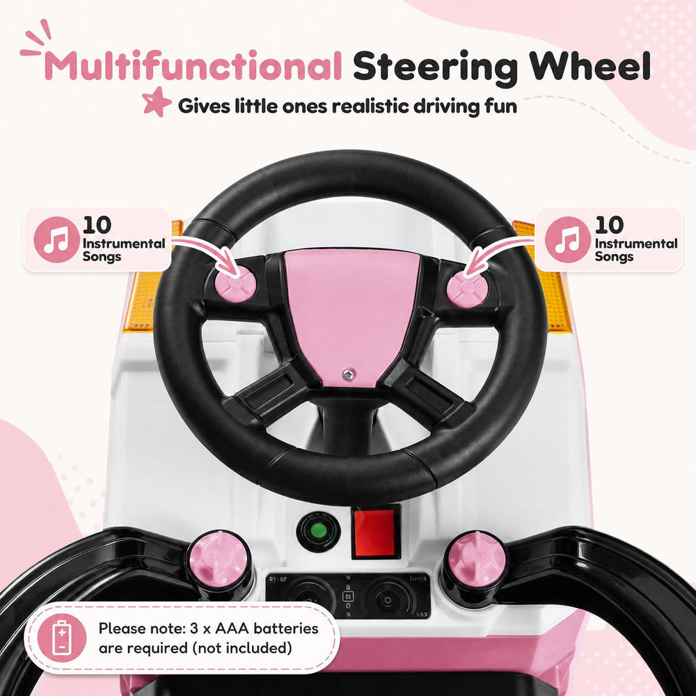 Multifunctional steering wheel of the pink 3-in-1 kids ride-on push car features 10 instrumental songs for interactive fun.