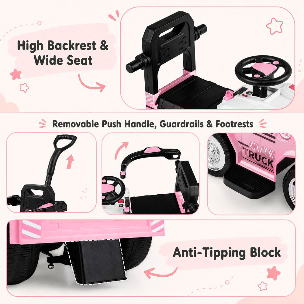 High backrest and wide seat of the pink 3-in-1 kids ride-on push car provide comfort and stability for toddlers.