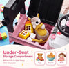 Under-seat storage compartment of the pink 3-in-1 kids ride-on push car holds toys and snacks for toddlers aged 3 to 5.