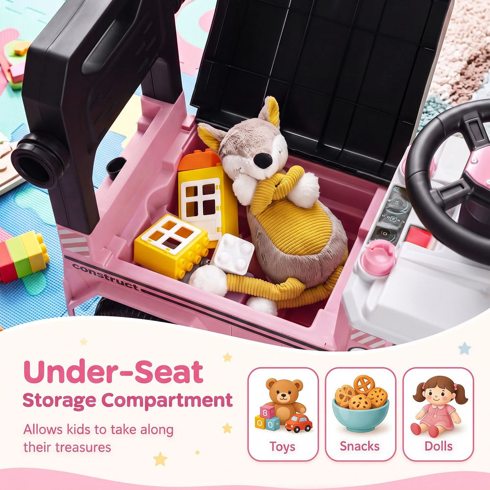Under-seat storage compartment of the pink 3-in-1 kids ride-on push car holds toys and snacks for toddlers aged 3 to 5.