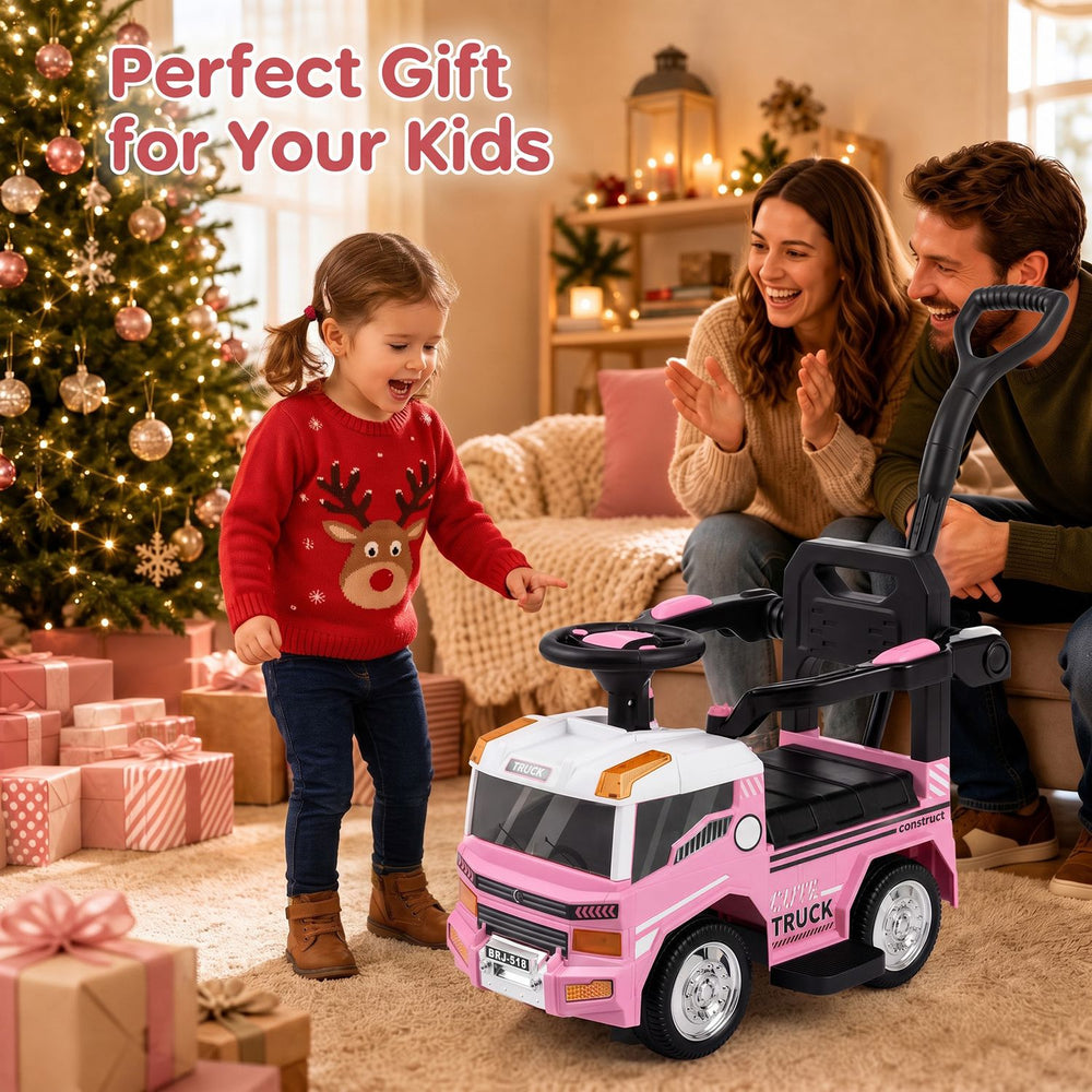 3-in-1 pink kids ride-on push car features parental control, music buttons, and removable guardrails for toddlers aged 3 to 5.