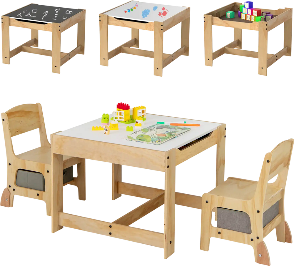 Kids table and chair set with removable tabletop, two storage drawers, and ergonomic design for playroom or nursery use.