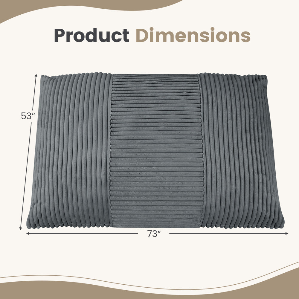 Large bean bag chair dimensions of 73" x 53" in soft corduroy fabric, perfect for versatile living room or bedroom use.