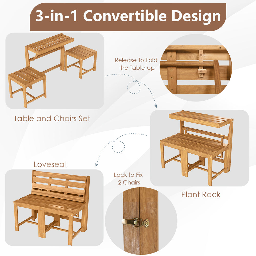 3-in-1 outdoor acacia wood loveseat bench with slatted seat, convertible to table and chairs, ideal for garden use.