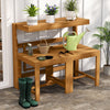 Outdoor acacia wood loveseat bench with slatted seat, featuring a plant rack and ergonomic design for garden relaxation.