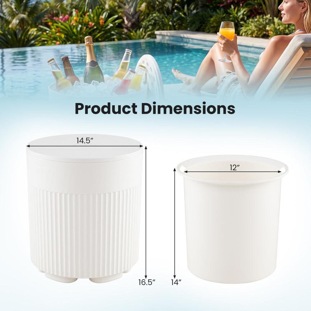 Outdoor cooler side table with fluted design, 6.2-gallon capacity, and compact footprint for versatile use.
