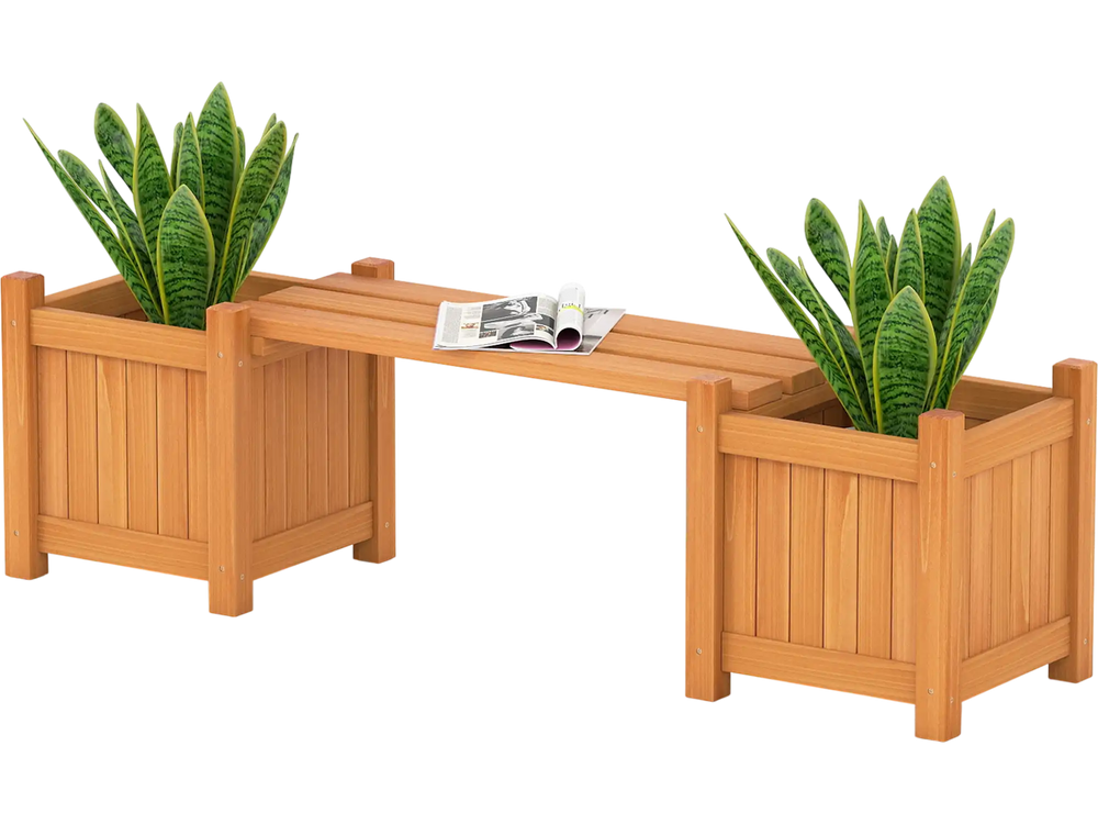 3-in-1 outdoor bench with two side planter boxes made of durable fir wood, perfect for gardens and patios.