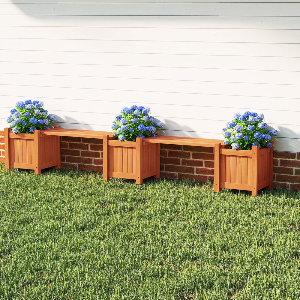 3-in-1 outdoor planter box with bench, featuring two side garden beds in natural wood finish for versatile outdoor use.