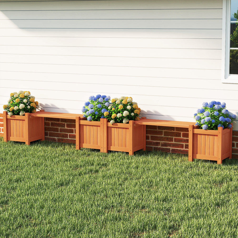 Outdoor planter box with bench in orange, featuring two side garden beds for flowers and herbs, ideal for patios.