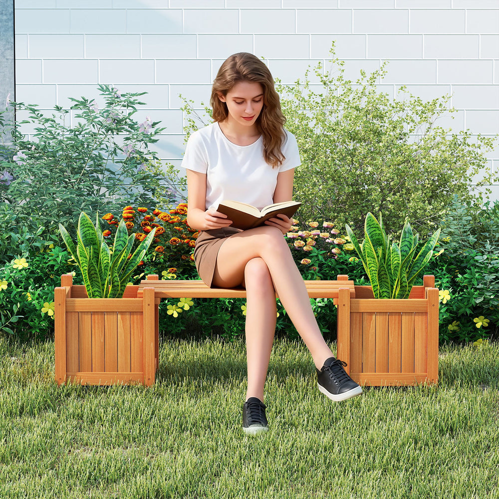 Outdoor 3-in-1 planter box with bench, featuring fir wood construction and two side garden beds for flowers and herbs.