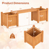 Dimensions of the 3-in-1 outdoor planter box with bench, featuring two side garden beds and a natural wood finish.