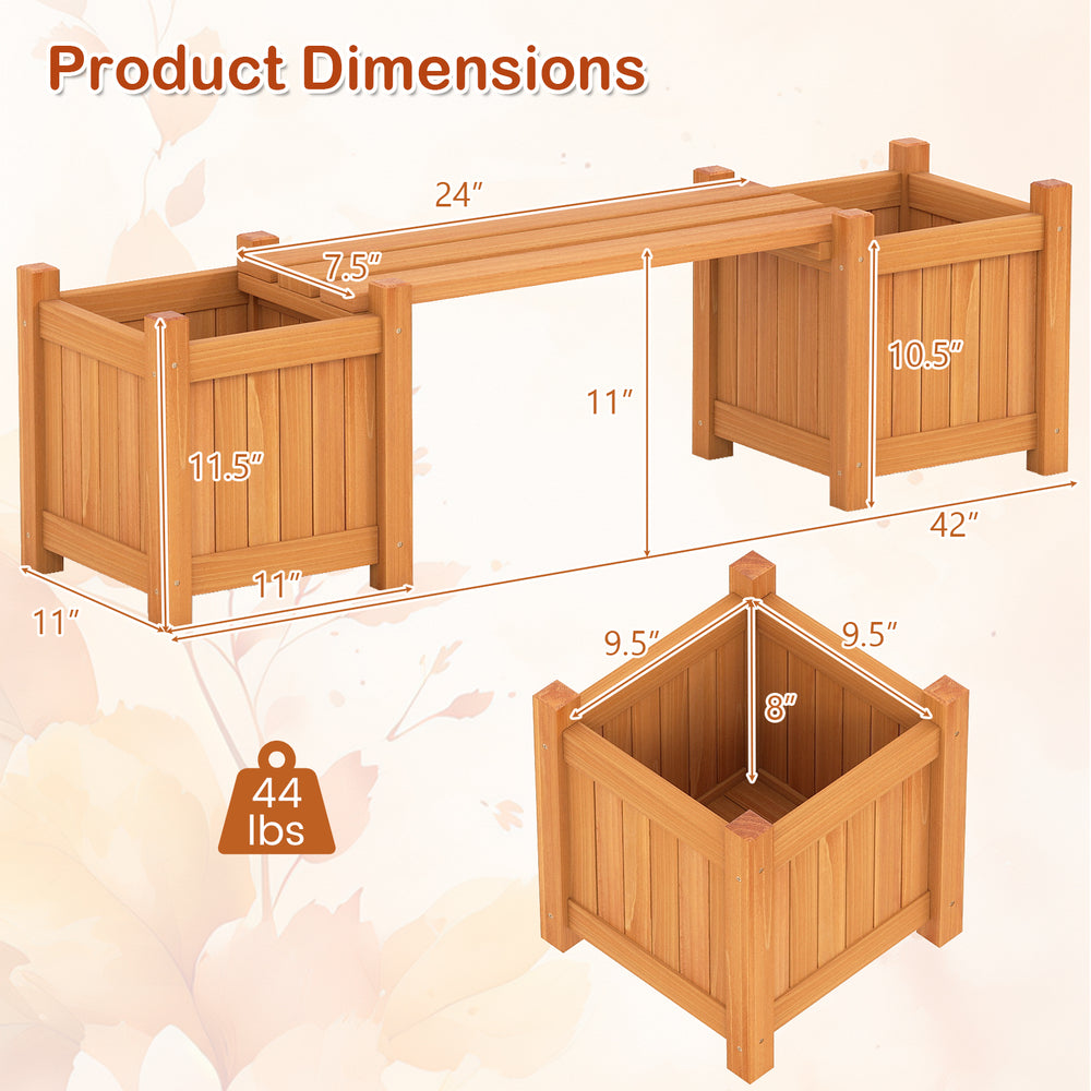 Dimensions of the 3-in-1 outdoor planter box with bench, featuring two side garden beds and a natural wood finish.