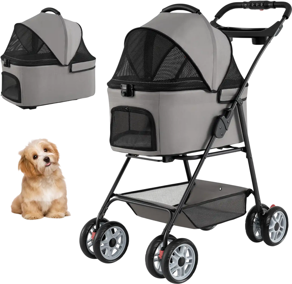 3-in-1 gray pet stroller with removable carrier, zippered mesh openings, and collapsible frame for easy travel.