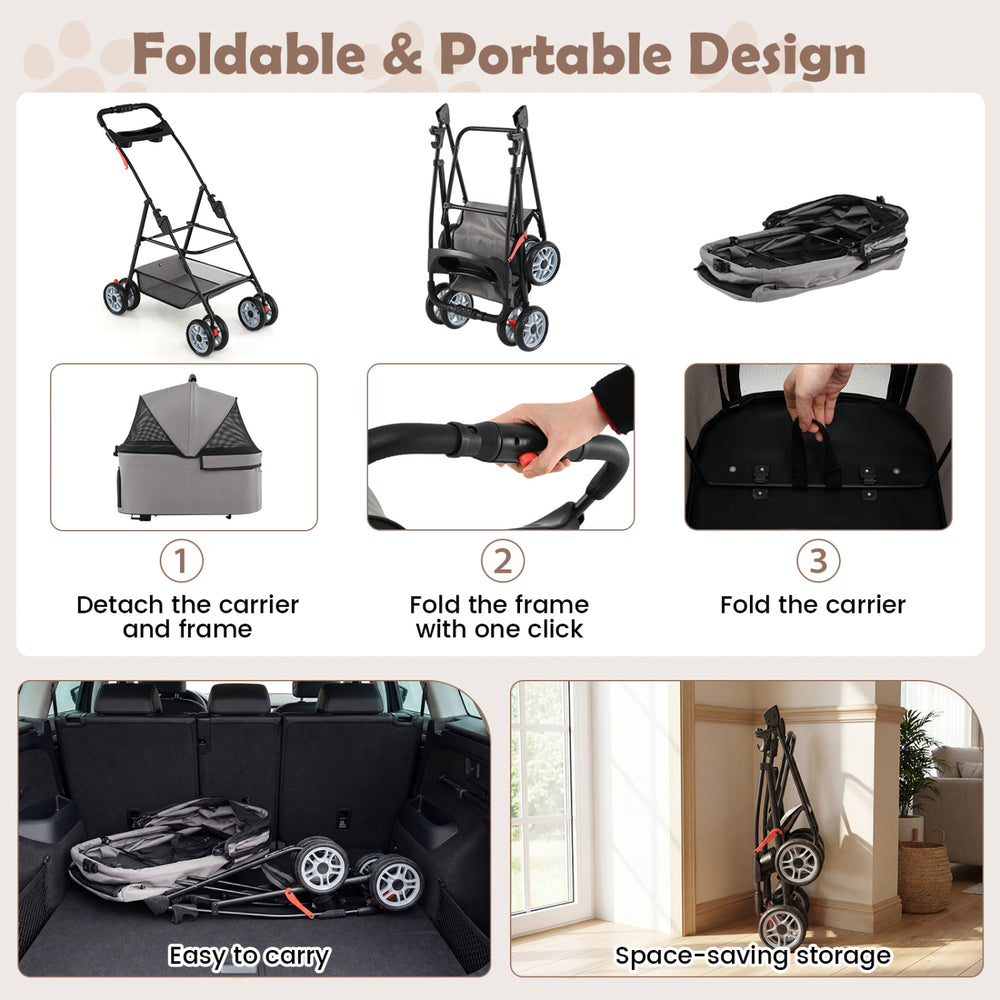 3-in-1 pet stroller with removable carrier, collapsible frame, and lightweight design for easy travel and storage.