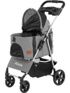 Foldable 3-in-1 pet stroller in gray with detachable carrier, breathable mesh windows, and 360° swivel front wheels.