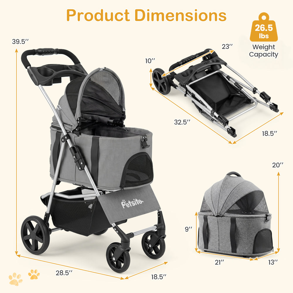 3-in-1 gray pet stroller with detachable carrier, 360° swivel wheels, and compact foldable design for easy transport.