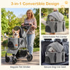 3-in-1 pet stroller in gray with detachable carrier, breathable mesh windows, and soft padded cushion for small dogs.